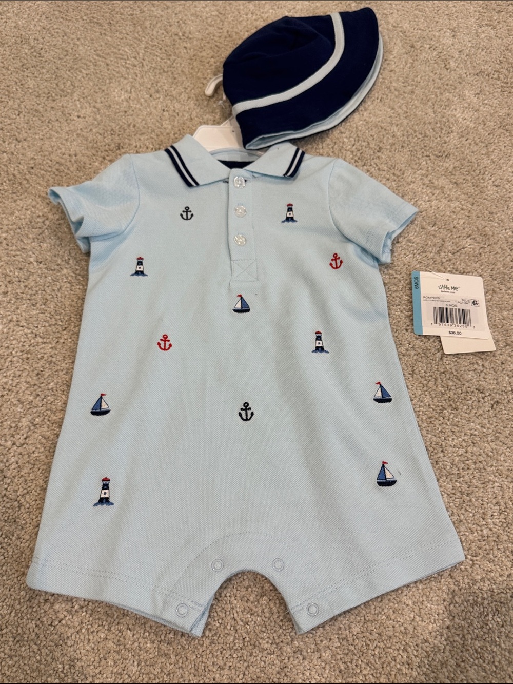 Little Me Light Blue Nautical Embroidered Baby One-Piece with Navy Hat